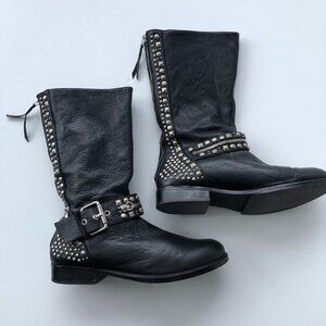 JANNIFER MODO Black Moto Biker Boots Silver Hardware & Studs Zip Up Back EU 38